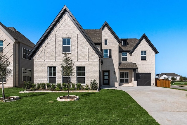 view of front of home with a garage, brick siding, fence, driveway, and a front yard