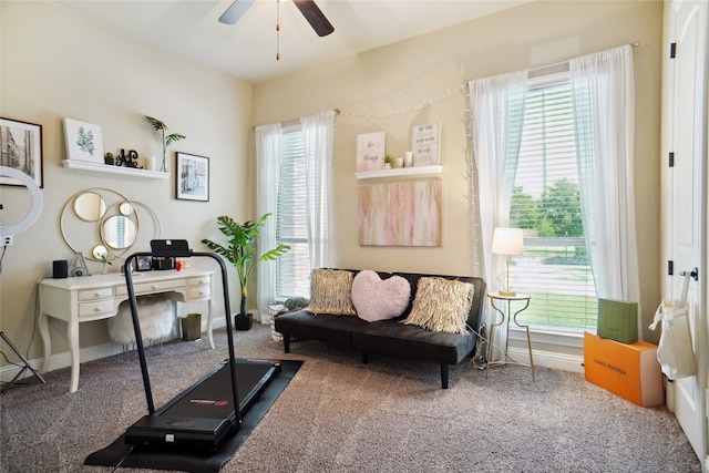 exercise room featuring carpet floors and ceiling fan