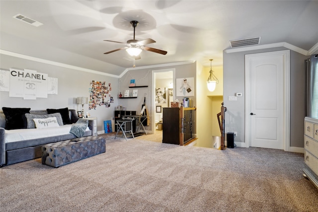 living room featuring light carpet, vaulted ceiling, ornamental molding, and ceiling fan