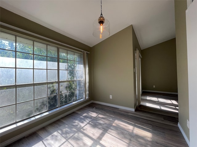 spare room with dark hardwood / wood-style flooring and lofted ceiling