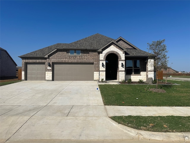 view of front of property with a front yard and a garage