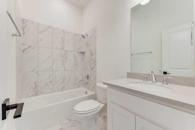 full bath featuring shower / bathtub combination, marble finish floor, vanity, and toilet