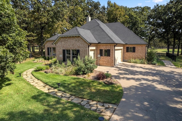 view of front of home featuring brick siding, a chimney, concrete driveway, an attached garage, and a front yard