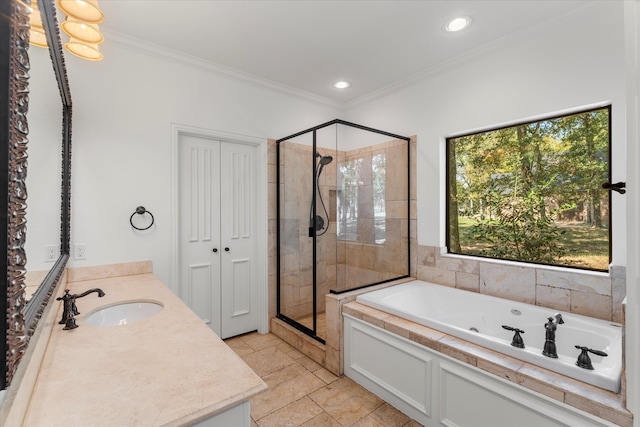 bathroom with vanity, a healthy amount of sunlight, and independent shower and bath