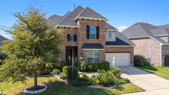 view of front facade featuring a front yard and a garage