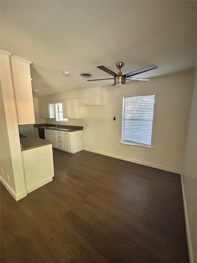 kitchen featuring ceiling fan, white cabinets, dark hardwood / wood-style floors, and a wealth of natural light