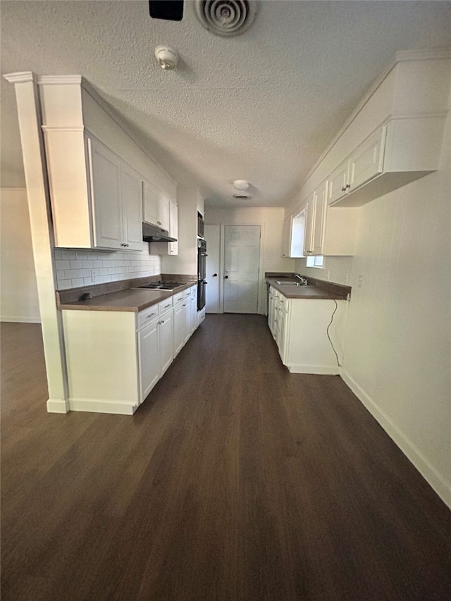 kitchen featuring white cabinetry, dark wood-type flooring, sink, backsplash, and a textured ceiling