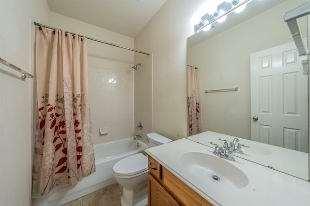 full bathroom featuring toilet, shower / tub combo with curtain, vanity, and tile patterned flooring