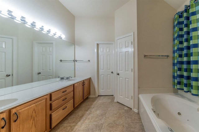 bathroom featuring tile patterned flooring, vanity, and independent shower and bath