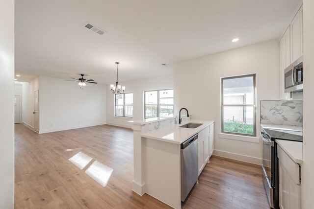 kitchen with kitchen peninsula, white cabinetry, sink, and stainless steel appliances