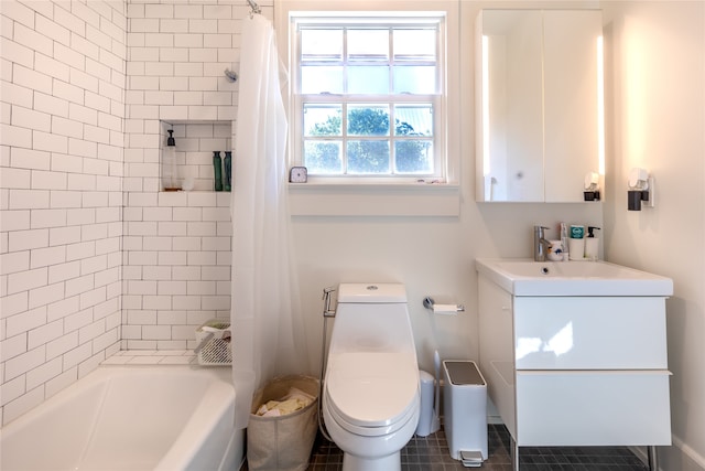 full bathroom with toilet, vanity, shower / bath combination with curtain, and tile patterned floors