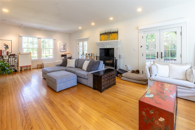 living room with a wealth of natural light, french doors, and light wood-type flooring