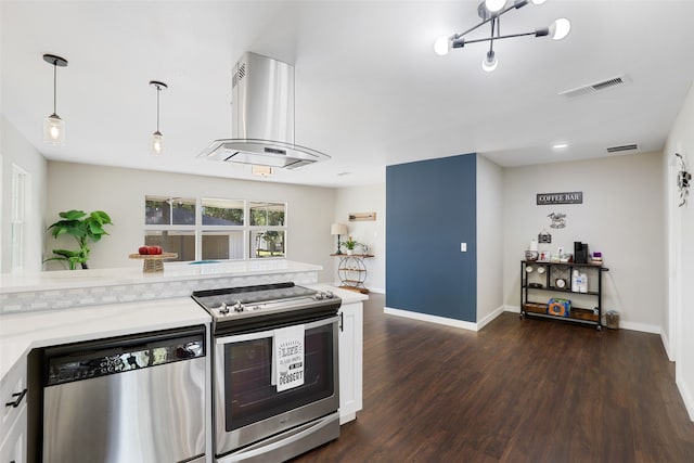 kitchen featuring island range hood, dark hardwood / wood-style floors, hanging light fixtures, white cabinets, and appliances with stainless steel finishes