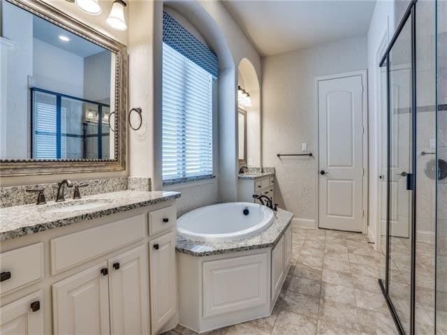 bathroom featuring vanity and separate shower and tub