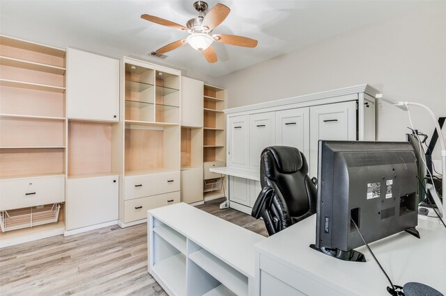 office area featuring ceiling fan and light wood-type flooring