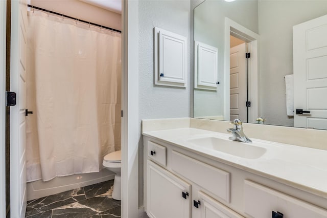 full bathroom with vanity, toilet, and shower / bathtub combination with curtain