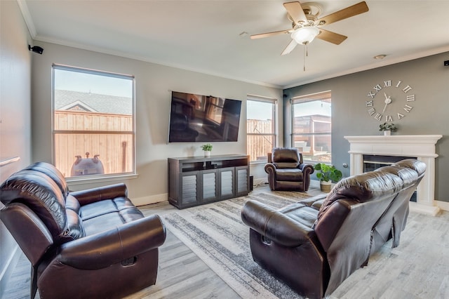 living room with light hardwood / wood-style floors, a healthy amount of sunlight, and crown molding