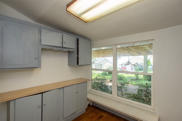 kitchen with lofted ceiling, ceiling fan, and dark wood-type flooring