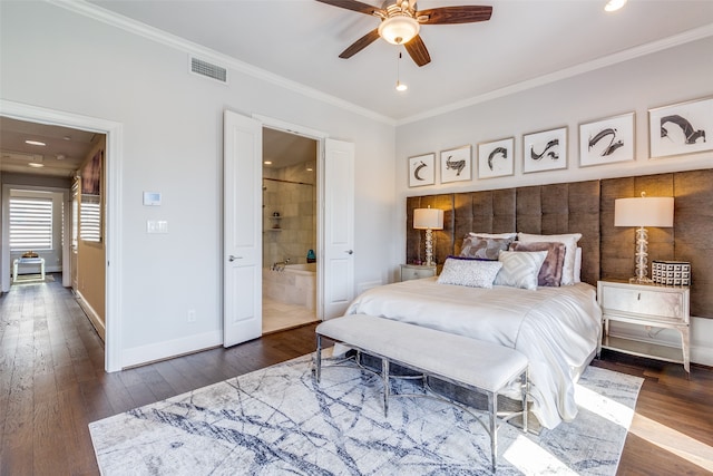 bedroom featuring crown molding, ensuite bathroom, dark wood-type flooring, and ceiling fan