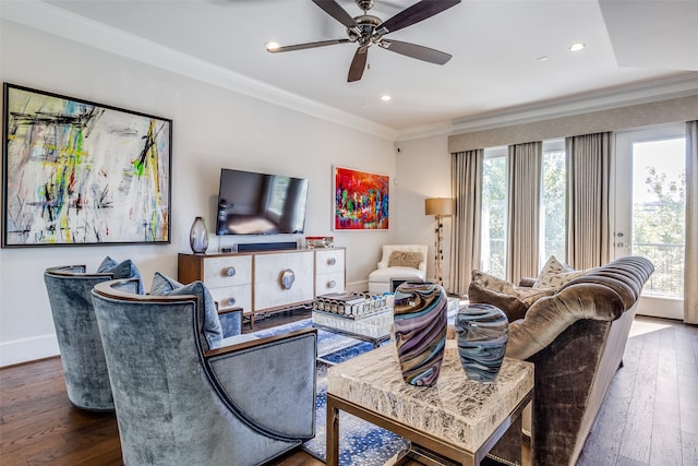 living room featuring ceiling fan, crown molding, and hardwood / wood-style floors