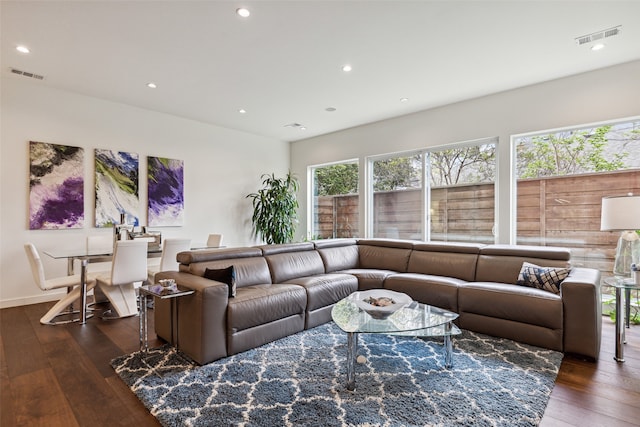 living room with dark hardwood / wood-style flooring