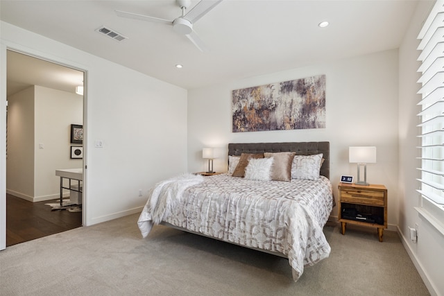 bedroom with carpet flooring and ceiling fan