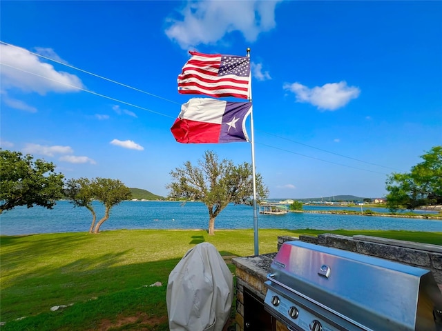 exterior space with a water view and a grill