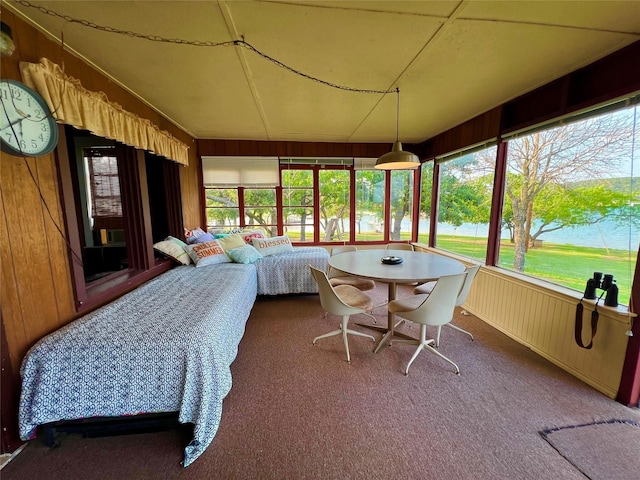 sunroom with wood walls, carpet, and an outdoor living space