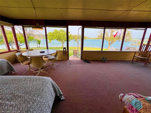 sunroom featuring carpet flooring and a water view