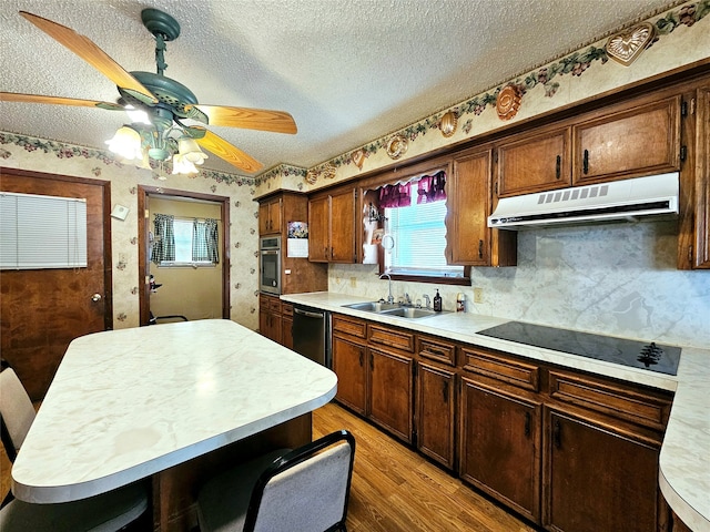 kitchen featuring stainless steel appliances, hardwood / wood-style flooring, a textured ceiling, and sink