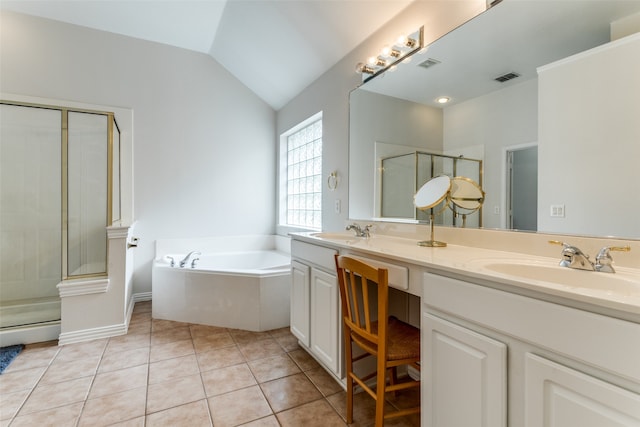 bathroom featuring lofted ceiling, plus walk in shower, tile patterned flooring, and vanity