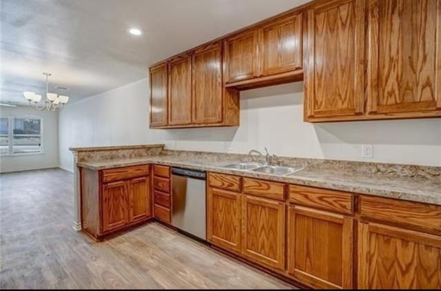 kitchen with sink, decorative light fixtures, dishwasher, a notable chandelier, and light wood-type flooring