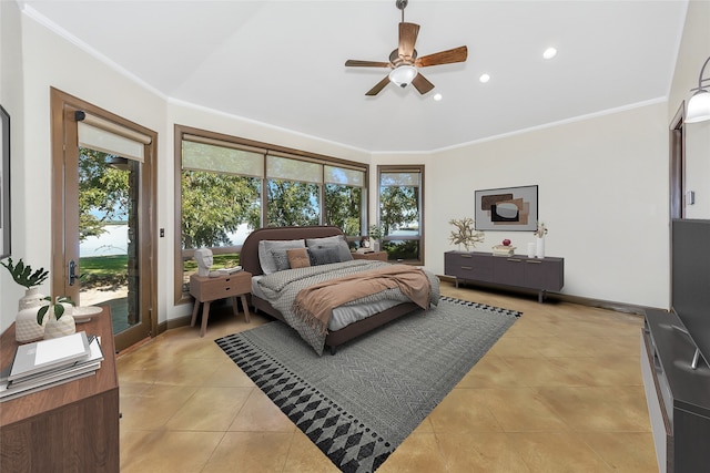 bedroom featuring ceiling fan, light tile patterned floors, crown molding, and access to exterior