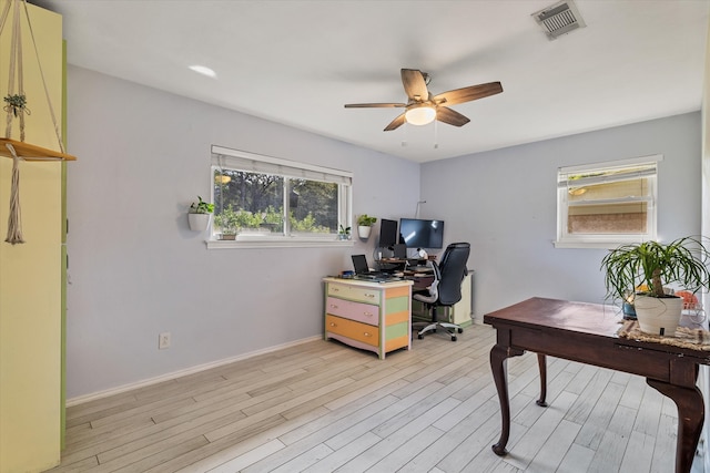 office area featuring ceiling fan and light hardwood / wood-style flooring