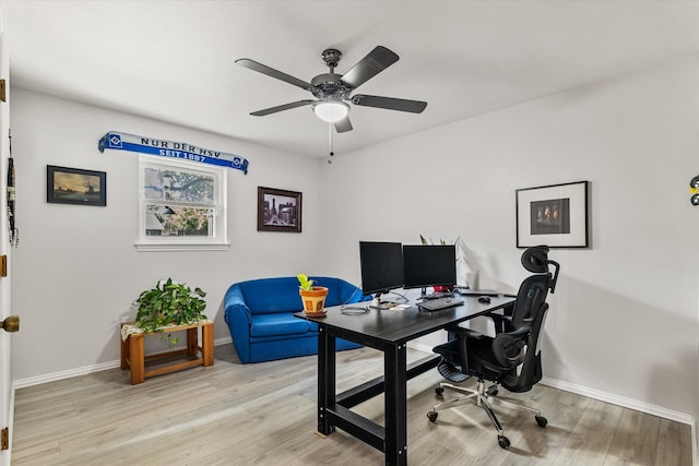 office space featuring ceiling fan and light hardwood / wood-style floors