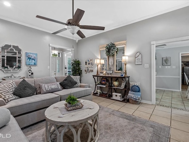 living room with ceiling fan, light tile patterned flooring, and crown molding