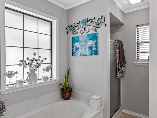 bathroom featuring plus walk in shower and crown molding