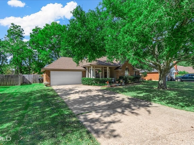 ranch-style house featuring a front yard and a garage