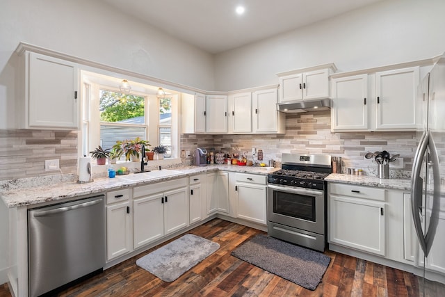 kitchen with white cabinets, appliances with stainless steel finishes, sink, and dark hardwood / wood-style flooring