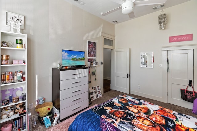 carpeted bedroom featuring ceiling fan