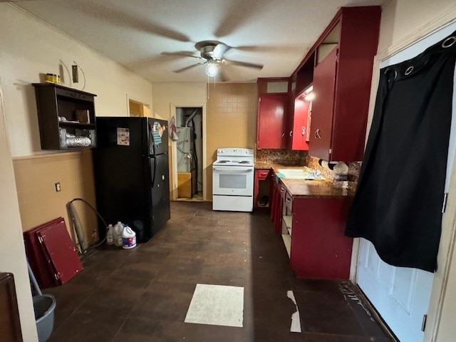 kitchen with tasteful backsplash, sink, ceiling fan, white range with electric stovetop, and black refrigerator