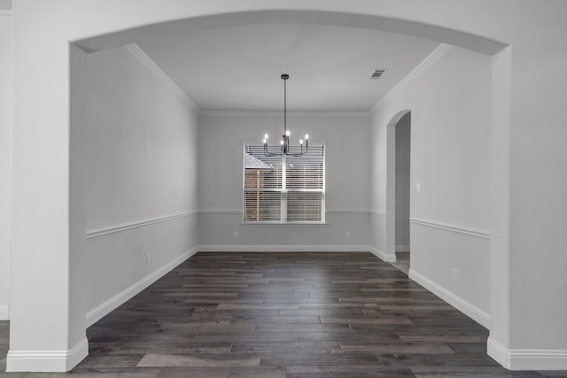 unfurnished dining area featuring crown molding, a chandelier, and dark hardwood / wood-style floors