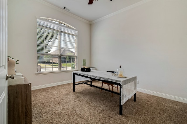 office area with carpet, ceiling fan, and ornamental molding