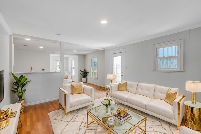 living room with ornamental molding and light hardwood / wood-style flooring