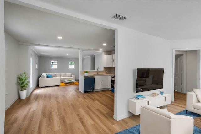 living room featuring light hardwood / wood-style flooring and sink