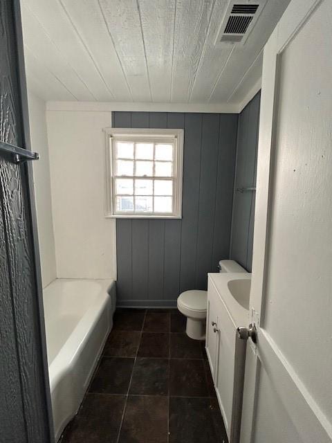 full bath featuring toilet, visible vents, wood ceiling, and vanity