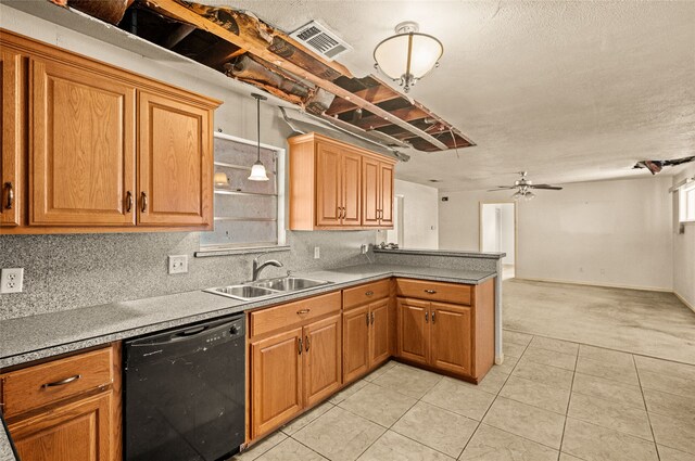 kitchen featuring ceiling fan, sink, kitchen peninsula, hanging light fixtures, and dishwasher