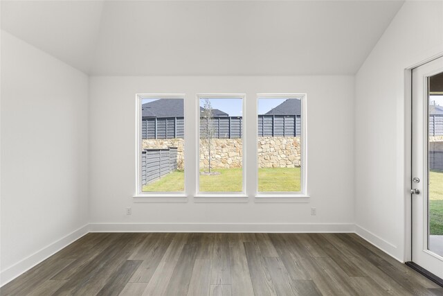 empty room with lofted ceiling, dark wood-type flooring, and a wealth of natural light