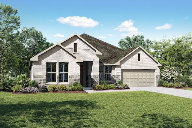 view of front facade with a front yard and a garage