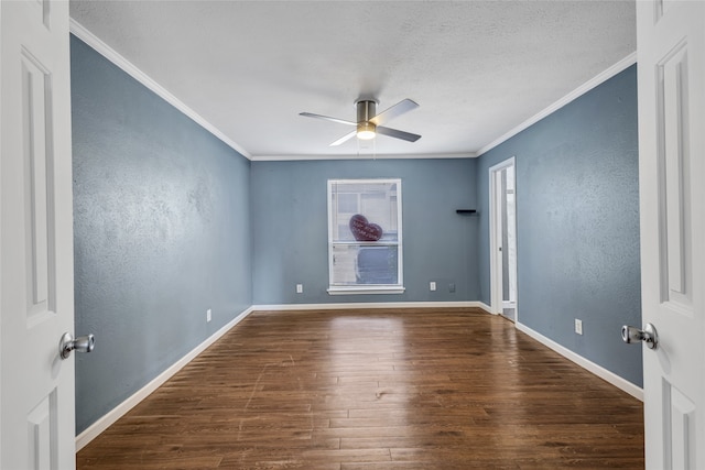 unfurnished room with hardwood / wood-style flooring, ceiling fan, ornamental molding, and a textured ceiling